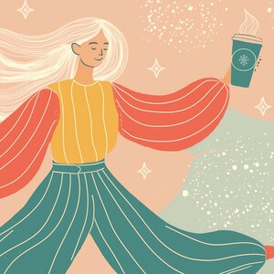 Boho Coffee Girl Dancing - Dreamy Printable Wall Art - happy Woman Digital Download for Home, Office, or Studio.
