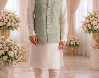 Men's Sage Green Silk Kurta Set, Embroidered Waistcoat, Indian Wedding Groom Festive Wear