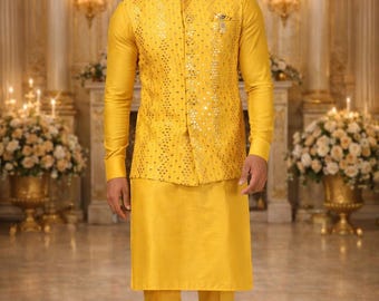 Men's Royal Yellow Julberry Silk Kurta Pajama with Embroidered Jacket