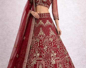 Red Embroidered Bridal Lehenga Choli with Dupatta, Indian Wedding Outfit
