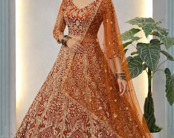 Rust Orange Butterfly Net Bridal Lehenga Choli, Gold Embroidery Indian Wedding Set