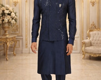 Navy Blue Silk Kurta Pajama with Embroidered Nehru Jacket, Indian Wedding Menswear
