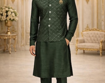 Dark Green Silk Kurta Pajama with Embroidered Nehru Jacket, Indian Wedding Ethnic Wear