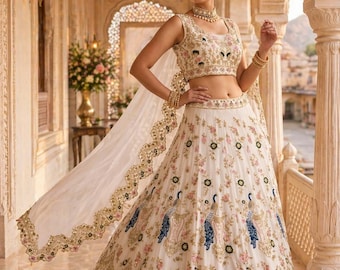 Peacock Embroidered Lehenga Choli Set for Women, Bridal Wedding Reception Indian Ethnic Wear, Designer Floral Mirror Work Skirt Dupatta