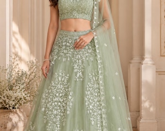 Sage Green Lehenga Choli with Matching Dupatta, Pastel Green Embroidered Lehenga Set, Indian Wedding Lehenga for Women