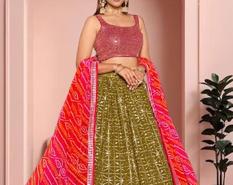 Olive Georgette Embroidered Lehenga Set, Red Sequined Blouse, Bandhani Dupatta | Indian Bridal Wear