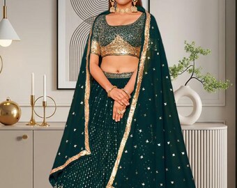 Emerald Green Bridal Lehenga Choli | Sequin Embroidery, Dupatta, Indian Wedding Wear