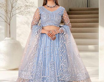 Powder Blue Butterfly Net Lehenga Choli, Embroidered Indian Wedding Bridal Outfit