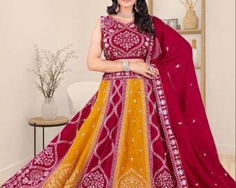 Red Mustard Vichitra Silk Bandhani Lehenga Choli Set, Indian Bridal Wear Dupatta