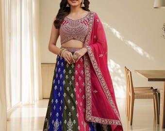 Embroidered Faux Georgeet Lehenga Choli Set, Multicolor Indian Bridal Outfit