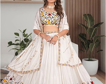 White Chinon Silk Lehenga Choli Set – Embroidered Ethnic Skirt with Dupatta for Weddings