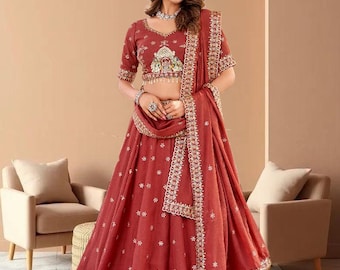 Rust Red Silk Bridal Lehenga Choli | Heavy Embroidery, Dupatta, Indian Wedding Wear