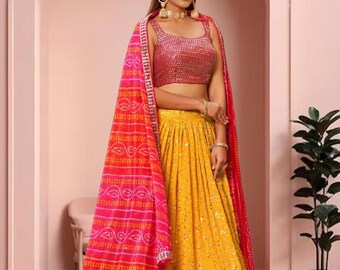 Mustard Yellow Georgette Embroidered Lehenga Set, Red Sequined Blouse, Bandhani Dupatta, Indian Wedding Wear