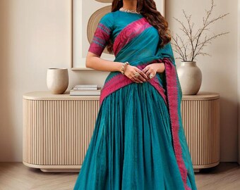 Teal Silk Lehenga Choli, Pink Border Dupatta, Thread Sequence Embroidery