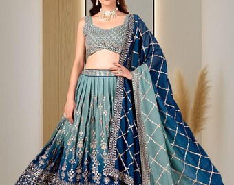 Teal Blue Faux Georgette Lehenga Choli – Digital Print, Sequins Embroidery Indian Wedding Outfit