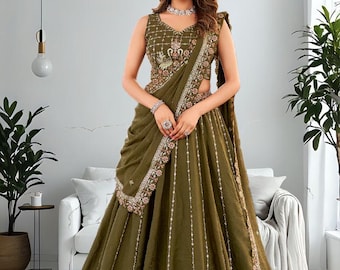 Olive Green Silk Embroidered Lehenga Choli Set with Dupatta, Indian Wedding Bridal Outfit