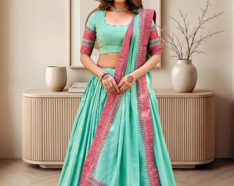 Silk Lehenga Choli Set with Pink Border Dupatta, Indian Wedding Wear