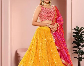 Yellow Georgette Embroidered Lehenga Set with Red Sequined Blouse, Pink Dupatta