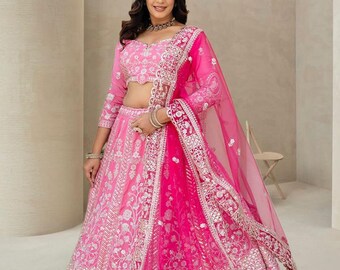 Pink Crap Silk Lehenga Choli Set, Heavy Embroidered Indian Wedding Outfit