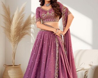 Lavender Silk Embroidered Lehenga Choli Set with Dupatta | Indian Wedding Wear | Bridal & Festive Outfit