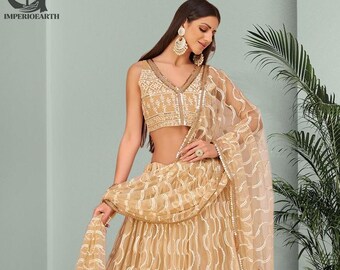 Gold Thread Embroidered Net Lehenga Choli: Indian Wedding Outfit