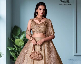 Gold Lehenga Choli with Heavy Dupatta, Indian Bridal Outfit