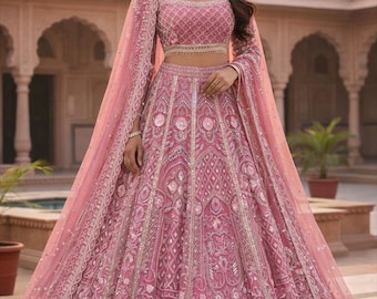 Blush Pink Bridal Lehenga Choli Set, Heavy Embroidery, Indian Designer Wedding Outfit