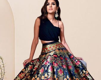 Black Banarasi Silk Lehenga Choli, Floral Zari Wedding Dress