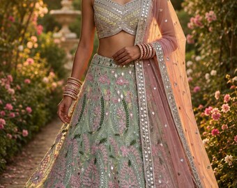 Pastel Sage Green  Soft Butterfly Net Floral Embroidered Lehenga Choli with Peach Dupatta for Women, Indian Wedding Outfit