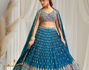Teal Blue Embroidered Lehenga Choli, Indian Bridal Outfit