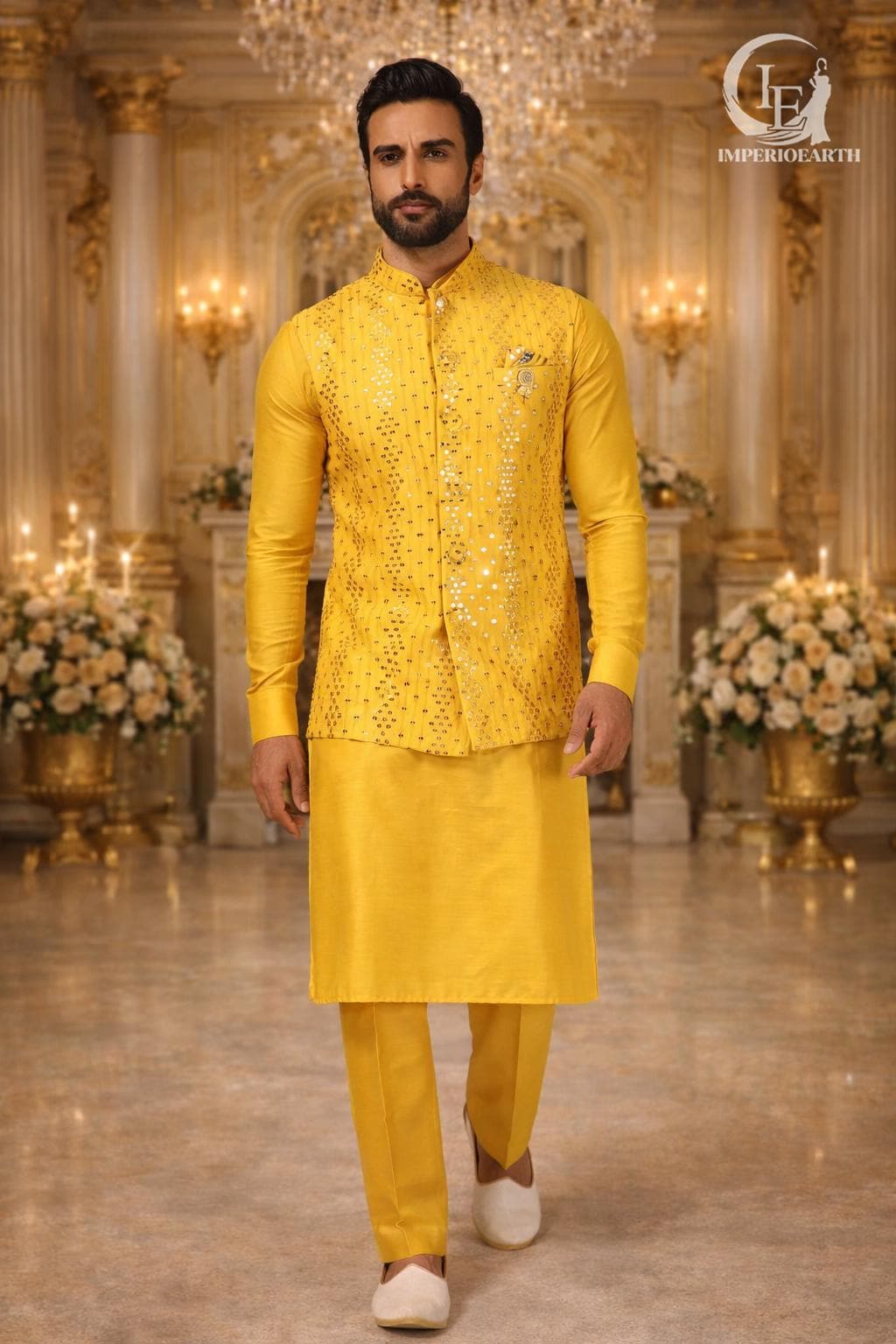 white christmas dresses Men's Cotton Gold Embroidered Sequinned Mehndi Kurta With white churid –  Sojanya main image 0