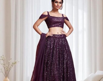 Sequin Lehenga Choli with Dupatta, Indian Bridal Outfit