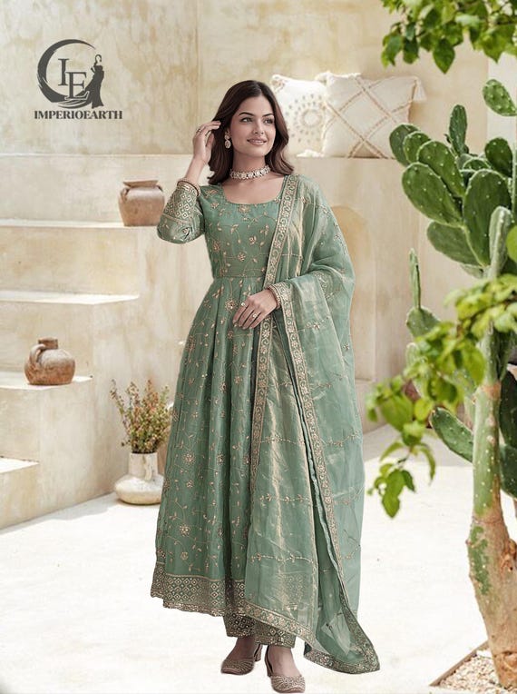sage green anarkali dress Embroidered Suit Set with Dupatta, Indian Ethnic Wear for Women, Festive Kurta Pant Set, Wedding Guest Outfit blue wedding dress