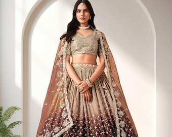 Brown Lehenga Choli, Golden Zari Embroidery, Indian Bridal Wear