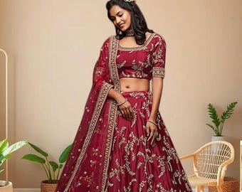 Maroon Art Silk Lehenga Choli with Embroidery