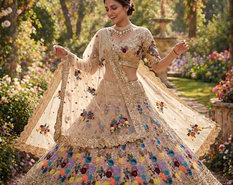 Beige Bridal Fox Georgette Lehenga Choli with Dupatta, Multicolor Floral Embroidered Indian Wedding Outfit Embroidery Sequins Work