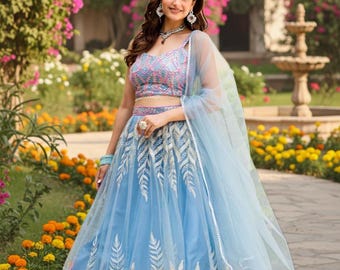 Sky Blue Embroidered Net Lehenga Choli, Floral Indian Wedding Outfit