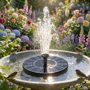 May include: A circular black solar-powered water fountain pump floating in a stone birdbath basin. The device features a central nozzle spraying a vertical jet of water into the air, surrounded by a dark solar panel surface with visible grid lines.