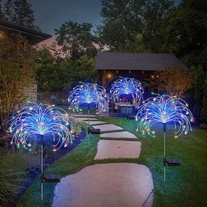Può includere: Quattro luci solari da esterno a forma di fuochi d'artificio. Ogni luce ha un centro con fili radianti di luci a LED colorate. Le luci sono installate in un giardino con un sentiero di pietra e erba verde.