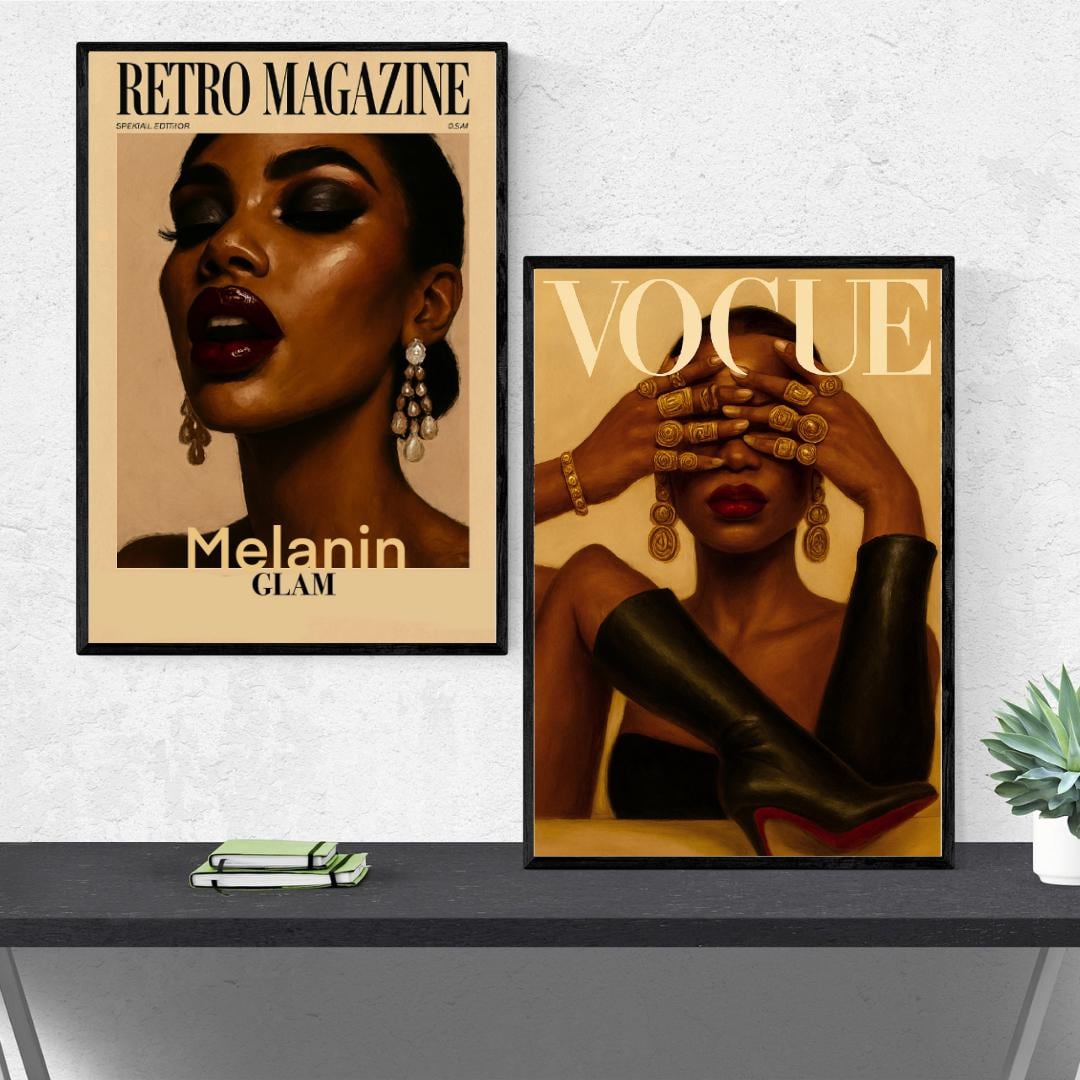 Melanin Glam & Magazine inspired Gold Digital Print set - Black Woman Fashion Wall Art, A2/A3, Printable Poster Bundle, Luxe Editorial Decor