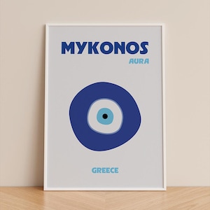 Póster Aura de Mykonos – Ojo griego azul minimalista | Impresión de arte mural de las Cícladas, Grecia | Tamaño A4/A3
