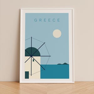 Póster de molino de viento griego: ilustración de paisaje de las Cícladas, decoración de pared costera, arte mediterráneo minimalista, formato A4/A3