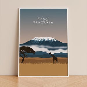 Póster del Kilimanjaro de Tanzania – Póster ilustrativo de la sabana africana – Arte mural de naturaleza safari – Decoración de pared de Tanzania