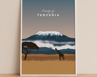 Tanzania Kilimanjaro Poster – African Savannah Illustrative Poster – Safari Nature Wall Art – Tanzania Wall Decor
