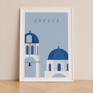 Póster de las Cícladas de Grecia: arte mural de Santorini, cúpulas azules y arquitectura mediterránea. Póster decorativo A4/A3 fabricado en Francia.