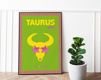 Taurus sign poster – Chill and sensual zodiac poster “Taurus gang” – Pop green astro decor – Stylish astrology gift