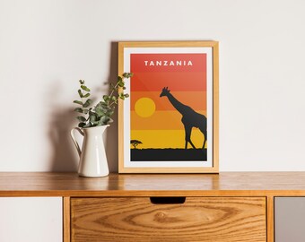 African Shadow Poster – Giraffe Sunset Poster – A4 or A3 Wall Decor – Minimalist Savannah Illustration Printed in France