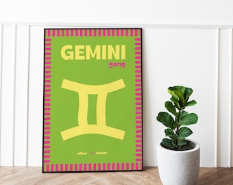Gemini sign poster – Ultra pop “Gemini gang” zodiac poster – Fun and flashy astrology decor – Original astro gift idea