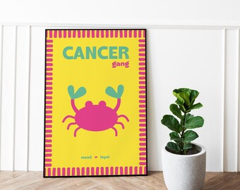 Cancer sign poster – Pop yellow zodiac poster – “Cancer gang” astro illustration – Fun and colorful astrology decor