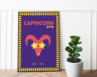 Capricorn sign poster – Wild & fun “Capricorn gang” zodiac poster – Ambitious astrology decor – Stylish astro gift